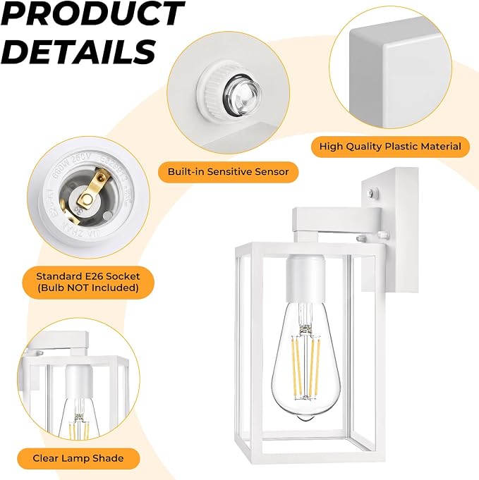 FOLKSMATE 2 Pack Dusk to Dawn Outdoor Wall Light Fixtures, Exterior Porch Light, Waterproof Wall Sconces Lanterns, Sensor Lighting Wall Mount for House Doorway Garage, White