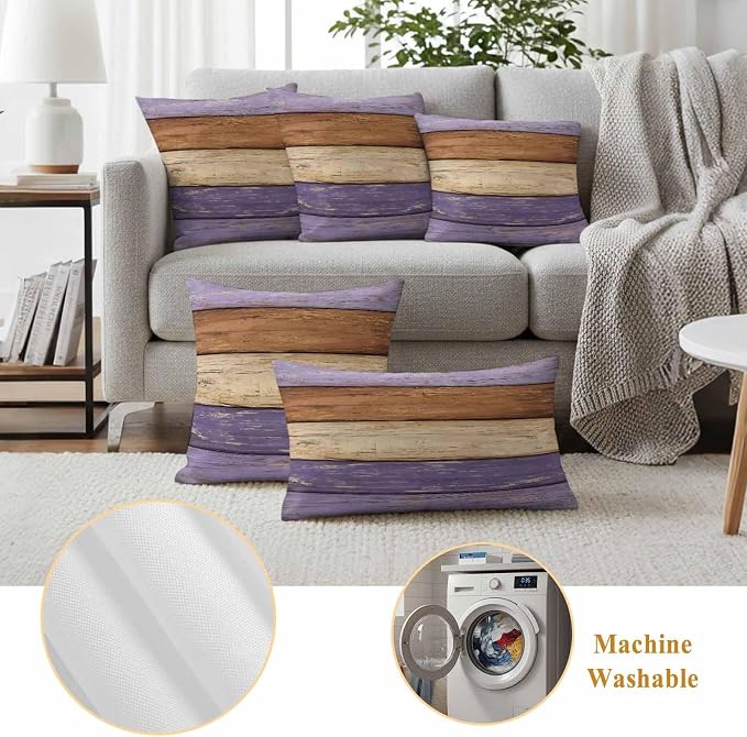 Farmhouse Purple Brown Outdoor Waterproof Pillow Covers, Vintage Wooden Striped Decorative Square Throw Pillowcase Sofa Cushion Sham for Patio/Couch/Chair, 16"x16" 2 Pack