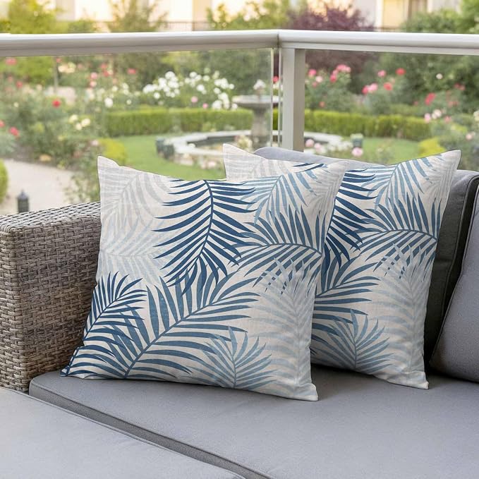 Outdoor Waterproof Throw Pillow Covers, Blue Grey Palm Leaves Decorative Pillow Cases, Summer Botanical Tropical Leaf Couch Pillow Protector Patio Sofa Cushion Covers Replacement 16"x16" 2 Pack