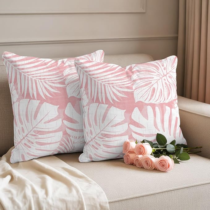 Pink Palm Leaves Outdoor Pillow Covers 26"x26" Set of 2, Tropical Botanical Modern Minimalist Waterproof Throw Pillow Covers for Patio Furniture, Decorative Cushion Covers for Porch