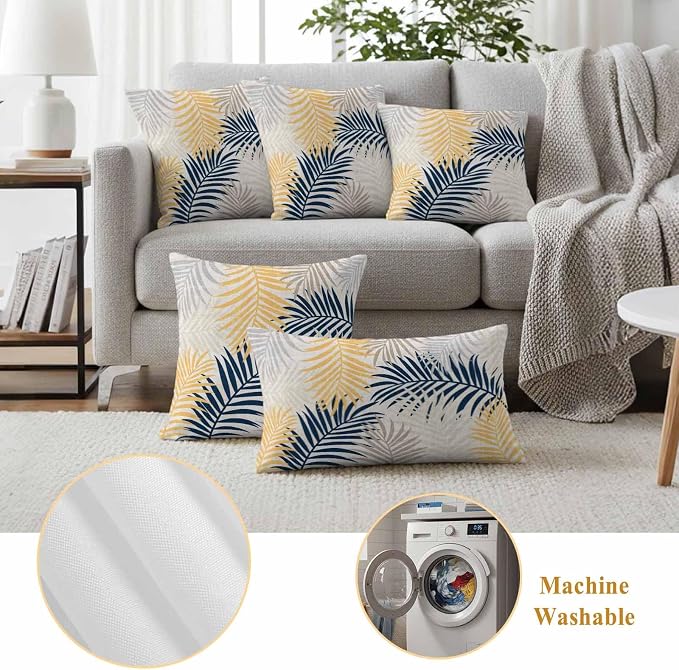 Outdoor Waterproof Throw Pillow Covers, Blue Yellow Palm Leaves Decorative Pillow Cases, Summer Botanical Tropical Leaf Couch Pillow Protector Patio Sofa Cushion Covers Replacement 16"x16" 2 Pack
