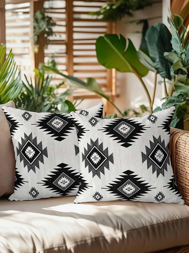 Waterproof Outdoor Pillow Set of 2 Gray Boho Aztec Decorative Throw Pillows Cover & Insert 18x18 Inch Pillowcase Southwest Tribal Style Square Pillows for Couch Sofa Bed Patio Furniture Indoor Outdoor