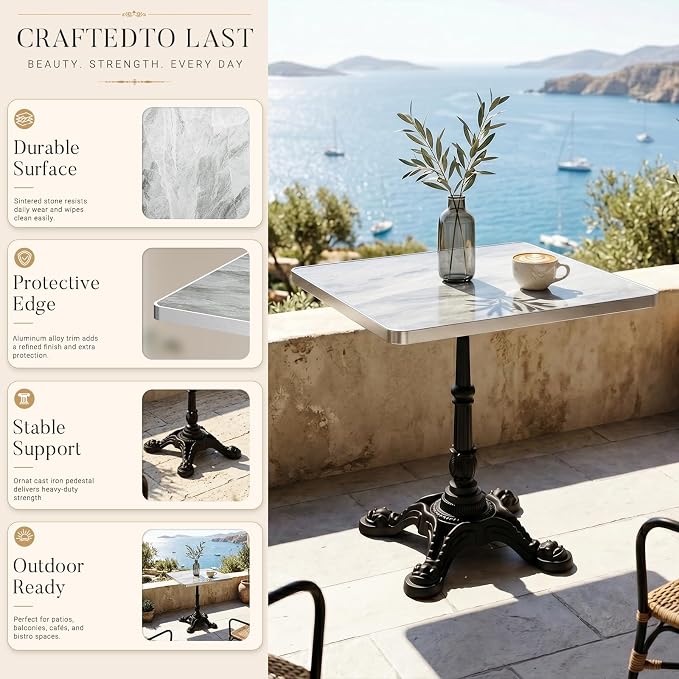 31.5" Outdoor Tulip Dining Table with Sintered Stone Tabletop and Cast Iron Base, Antique Patio Bistro Table for 2-4 Person for Indoor Outside Cafe Restaurant Backyard Garden (Light Gray Marble)
