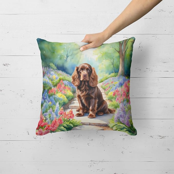 Caroline's Treasures Sussex Spaniel Spring Path Throw Pillow Machine Washable, Indoor Outdoor Decorative Pillow for Couch, Bed or Patio, 18Hx18W