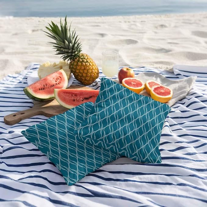 Teal Blue Stripes Outdoor Pillow Covers 20x20 Inch Throw Pillow Covers Set of 2 Waterproof Decorative Pillow Cases Simple Geometric Modern Monochrome Cushion Covers for Patio Furniture Garden Couch