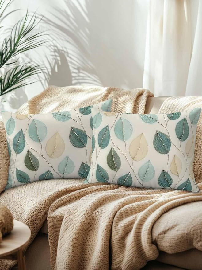 Outdoor Waterproof Throw Pillows Farmhouse Teal Green Leaf Patio Pillows Pack of 2,Decorative Pillow Covers with Insert,Pillow Cushion Case for Garden Couch Sofa Vintage Watercolor Leaves