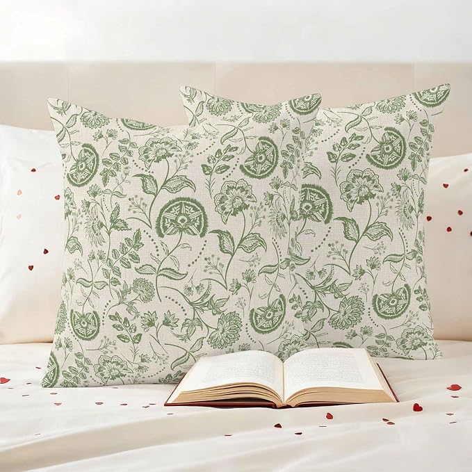 Outdoor Pillow Covers 26x26 Set of 2, Sage Green Spring Floral Waterproof Patio Throw Pillow Covers for Couch Sofa Chair, Retro Summer Botanical Farmhouse Decorative Pillowcases for Throw Pillows