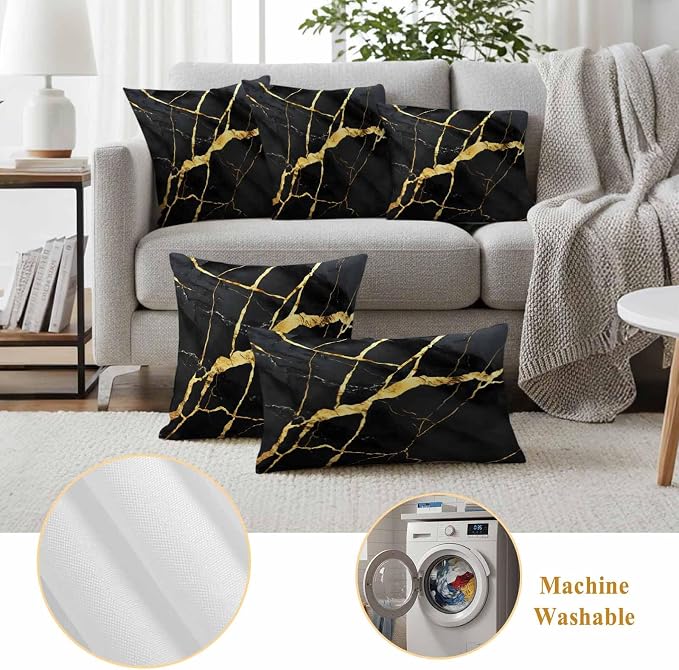 Outdoor Waterproof Pillow Covers 16x16Inch Marble Texture Throw Pillowcases for Patio Garden Couch Sofa Gold Line Black Decorative Cushin Case,Pack of 2