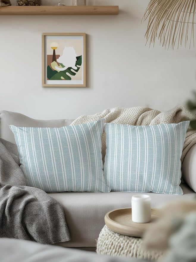 Waterproof Outdoor Pillow Set of 2 Blue Linen Striped Decorative Throw Pillows Cover & Insert 18x18 Inch Pillowcase Vertical Stripes Lines Pillows for Couch Sofa Bed Patio Furniture Indoor Outdoor