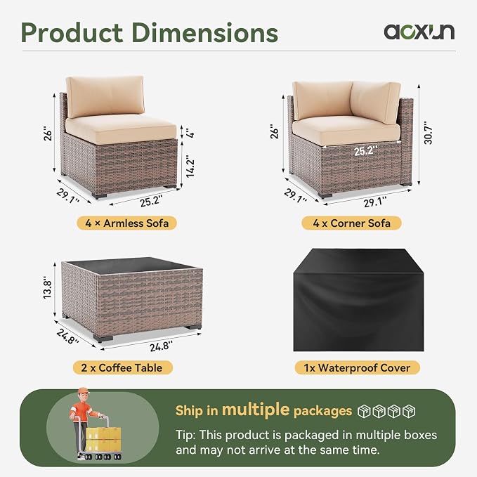 Aoxun 10 Piece Patio Furniture Set Wicker Rattan Patio Sectional Sofa Set Outdoor Seating Furniture with Thickened Cushion, Brown