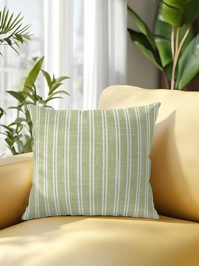Waterproof Outdoor Pillow 1 Pack Sage Green Linen Striped Decorative Throw Pillows Cover & Insert 16x16 Inch Pillowcase Vertical Stripes Lines Pillows for Couch Sofa Bed Patio Furniture Indoor Outdoor