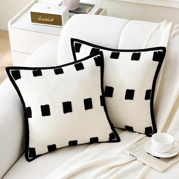 Decorative Throw Pillows with Inserts 2 Pack 18" x 18" Boho Soft Tufted Modern Chenille Pillow for Home, Patio, Couch, Bedroom, Living Room (Black =)