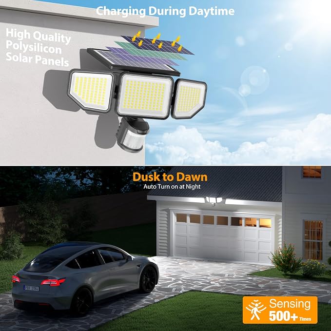 Onforu 4500LM Solar Lights Outdoor, 3 Heads Security Lights with Remote Control, IP65 Waterproof Motion Sensor Lights, 3 Modes Flood Lights for Wall, Porch, Yard, Outside, 3 Pack