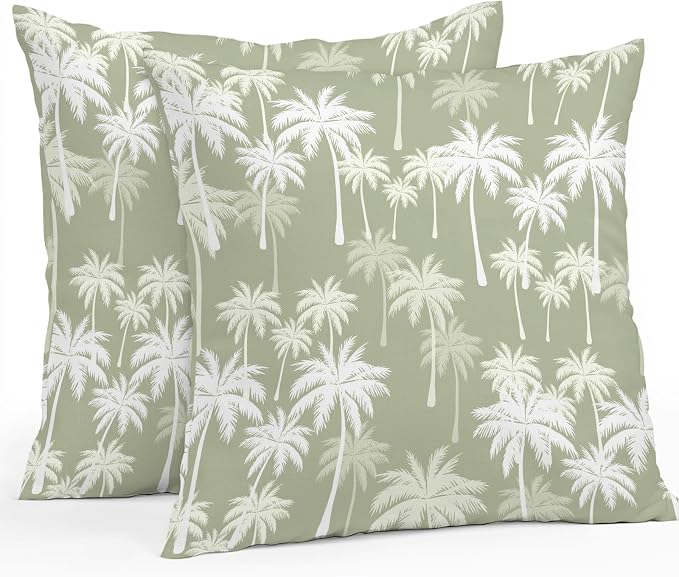 Throw Pillow Covers 18x18 Inch Set of 2, Tropical Palm Tree Waterproof Outdoor Pillow Covers, Sage Green Plants Coastal Leaf Beach Decorative Cushion Pillowcases for Couch, Sofa, Bed, Garden, Patio