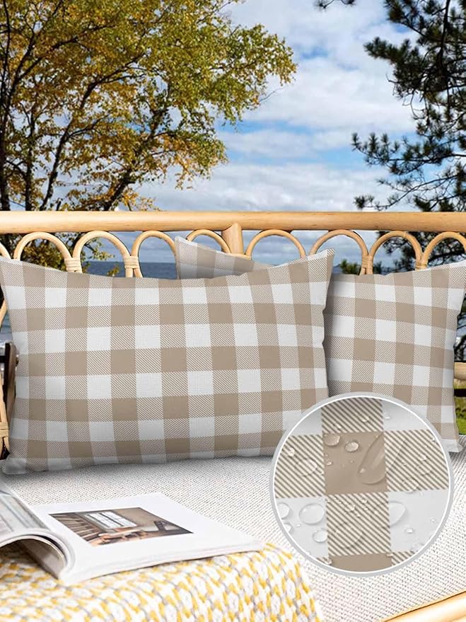 Outdoor Waterproof Throw Pillow Covers Set of 2 Khaki Buffalo Check Plaid Lumbar Pillowcases 20x12 Inches Farmhouse Style Patio Decorative Pillows Cushion Case Patio Pillows for Couch Bed Chair Garden