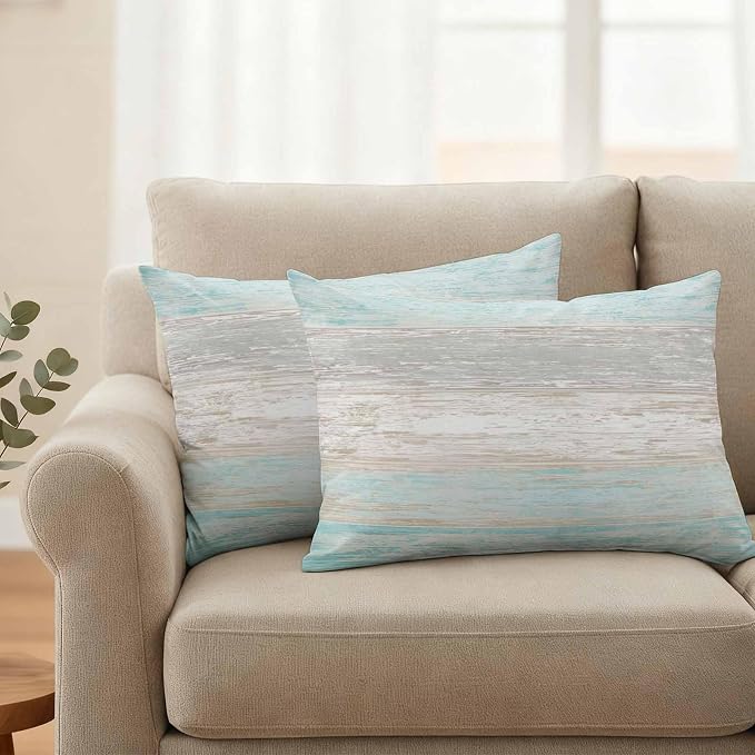Outdoor Waterproof Throw Pillow Covers, Vintage Teal Grey Decorative Pillow Cases, Farmhouse Barn Wooden Striped Couch Pillow Protector Patio Sofa Cushion Covers Replacement 20"x12" 2 Pack