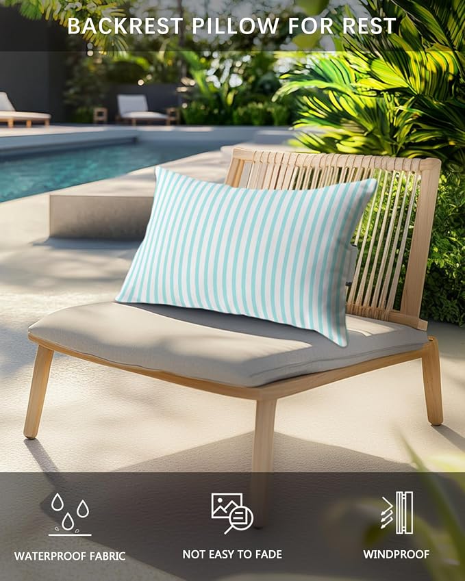 Pack of 4 Outdoor Lumbar Pillow Covers 12x20 Inch, Thin Aqua Striped Waterproof Throw Pillow Covers Set, Farmhouse Modern Stripes Indoor&Outdoor Decorative Cushion Cases for Patio Porch Car