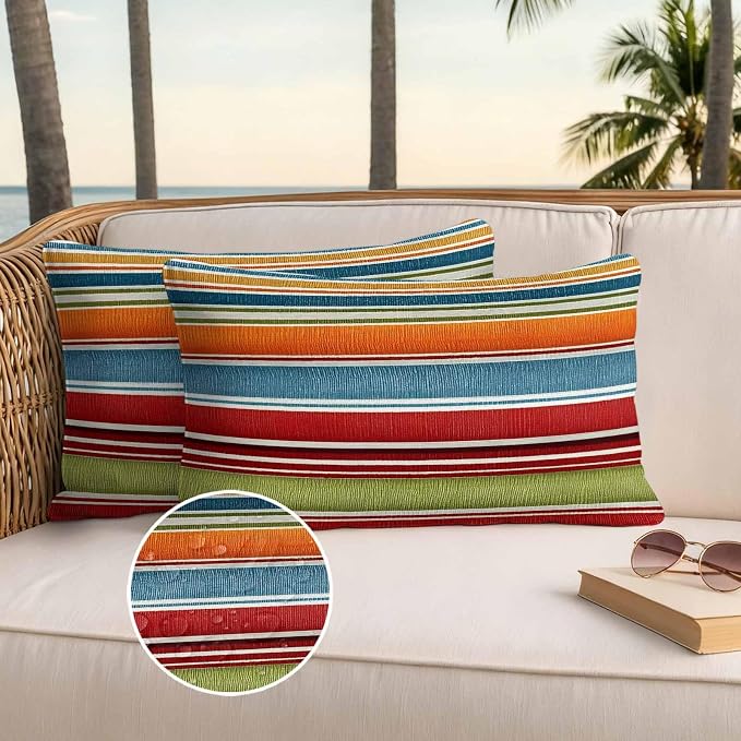 Yukro Color Striped Outdoor Waterproof Pillow Covers Pack of 2, Orange Blue Red Green Stripes Abstract Modern Throw Pillowcases Decorative Cushion Covers for Garden Patio Tent Sofa Couch, 20x12 inch