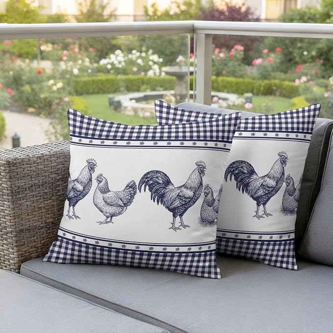 Navy Blue Rooster Outdoor Pillow Covers Waterproof, All Weather Cushion Case Set of 2, Vintage Farmhouse Blue Plaid Decorative Pillowcases for Sofa Couch Bed Decor Patio Furniture 20"x20"