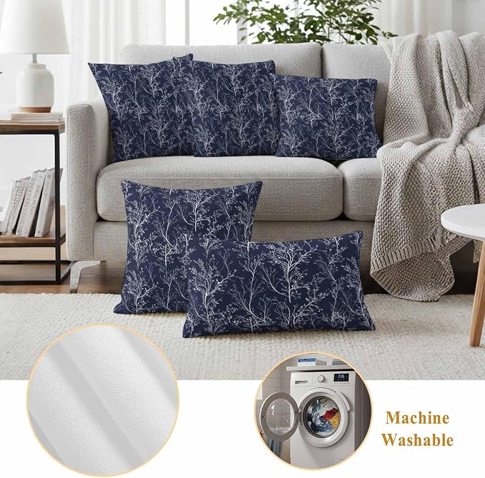 Navy Blue Branches Waterproof Outdoor Pillow Covers Set of 2 Home Decor, Abstract Art Leaves Plant Lumbar Pillowcase Patio Pillow Covers for Couch Bench Patio Furniture Garden 20x20in