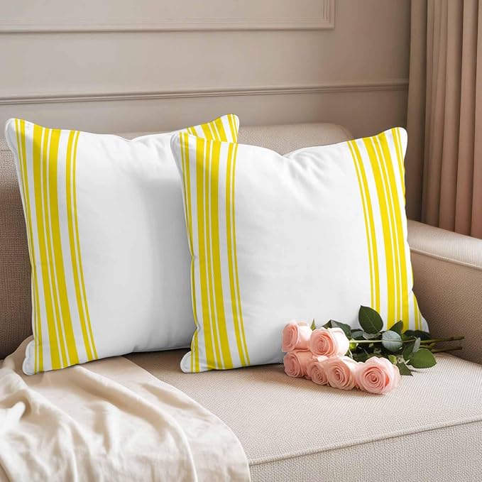 Outdoor Waterproof Throw Pillow Covers Set of 2 Yellow Stripes Pillowcases 16x16 Inches White Vertical Striped Decorative Pillows Cushion Case Patio Pillows for Couch Bed Chair Garden