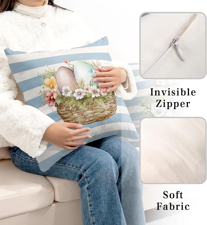 Blue and White Stripes Easter Pillows Decorative Throw Pillow Covers Flowers Colorful Eggs Bunny Pillow Cases 20 x 20 Set of 2 Spring Decoration for Indoor Living Room