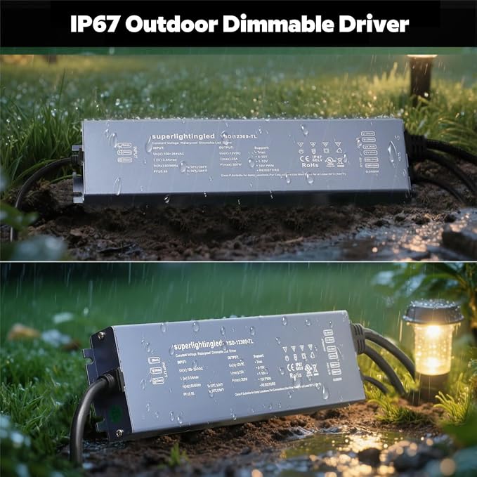 12VDC 300W 0/1-10V & TRIAC Dimmable LED Driver, UL-Listed IP67 Waterproof Power Supply, 110V AC to 12V Low Voltage Transformer for LED Strip Lights, Landscape, Underwater, Fountain & Wall Wash Lights