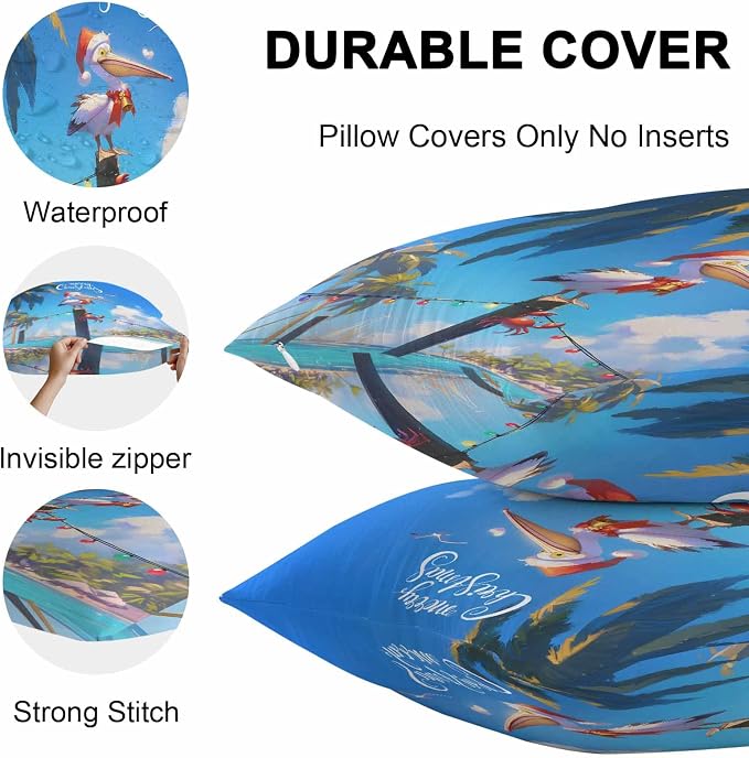 Vandarllin Christmas Outdoor Throw Pillows Covers 26x26 inch Set of 2 Waterproof Pelican Crab Decorative Zippered Cushion Covers for Patio Furniture, Palm Trees Beach Blue Sky Lumbar Pillowcases