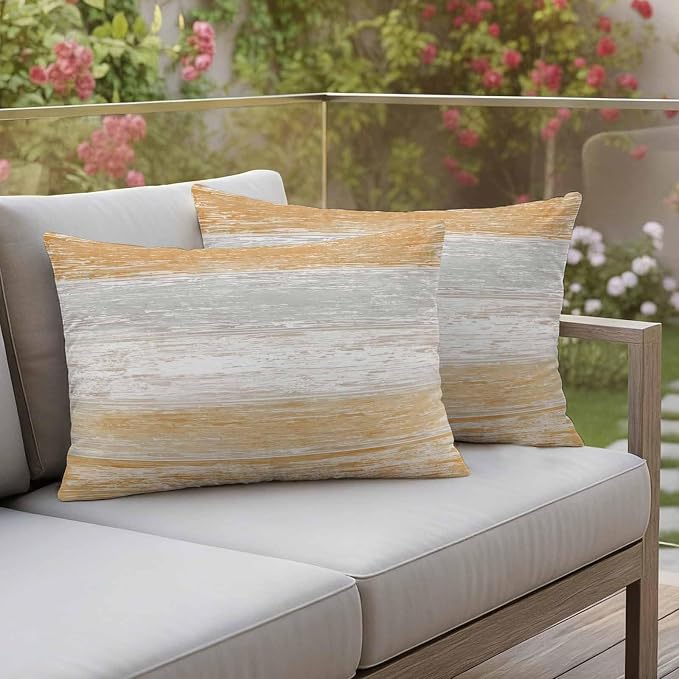 Outdoor Waterproof Throw Pillow Covers, Vintage Orange Grey Decorative Pillow Cases, Farmhouse Barn Wooden Striped Couch Pillow Protector Patio Sofa Cushion Covers Replacement 20"x12" 2 Pack