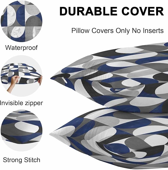 Vandarllin Outdoor Throw Pillows Covers 26x26 inch Set of 2 Waterproof Modern Blue Gray Geometric Decorative Zippered Cushion Covers for Patio Furniture, Abstract Mid Century Lumbar Pillowcases