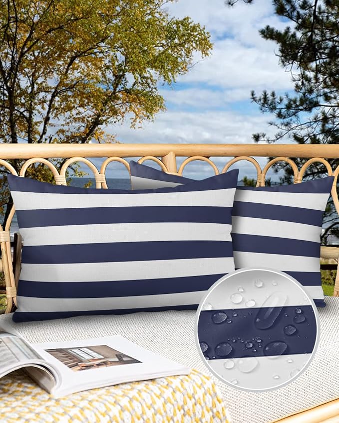Lumbar Throw Pillow Covers 12x20 Outdoor Waterproof Pillow Covers for Patio Furniture Nautical Striped Throw Pillow Cover Navy Blue Pillowcases Set of 2 Cushion Case for Sofa Couch Chair Home Decor
