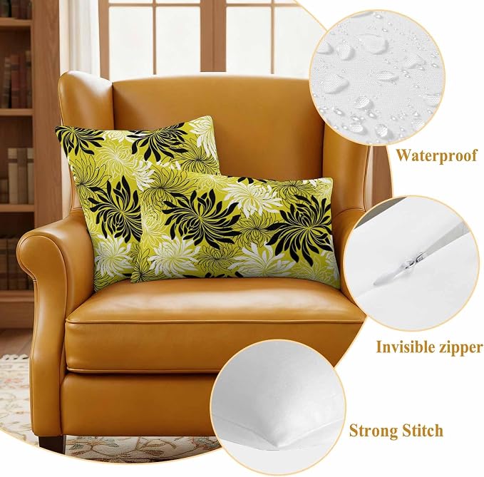 Yukro Yellow Black Floral Outdoor Waterproof Pillow Covers Pack of 2, Vintage Yellow White Black Flower Decorative Throw Pillowcases Cushion Covers for Garden Patio Tent Sofa Couch, 24x24 inch