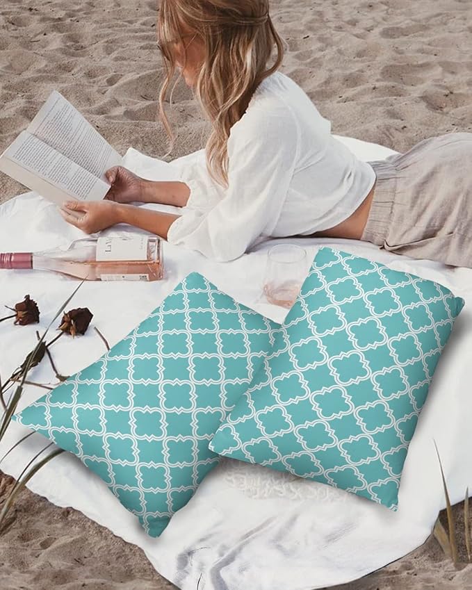Outdoor Waterproof Pillow Covers for Patio Moroccan Pattern Decorative Throw Pillow Cover Geometric Trellis Cyan Blue Pillowcases Set of 2 Cushion Case for Sofa Couch Chair Home Decor 20x12 inch