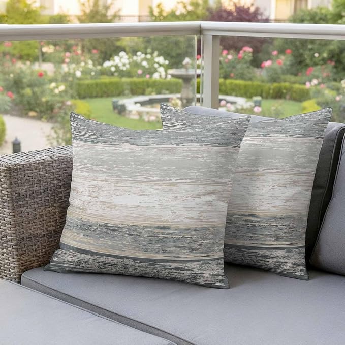 Outdoor Waterproof Throw Pillow Covers, Vintage Black Grey Decorative Pillow Cases, Farmhouse Barn Wooden Striped Couch Pillow Protector Patio Sofa Cushion Covers Replacement 26"x26" 2 Pack