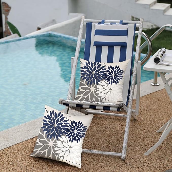 DFXSZ Pack of 2 Outdoor Waterproof Throw Pillow Covers 20x20 NavyBlue Grey | Polyester Colorful Spring Summer Floral Decorative Cushion Cases(NO INSERT),For Couch Patio Funiture Garden Home Decor