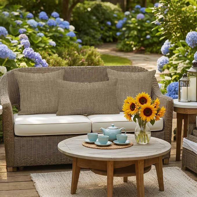 Outdoor Waterproof Throw Pillow Covers Set of 2 Brown Linen Pillowcases 24x24 Inches Farmhouse Pure Color Decorative Pillows Cushion Case Patio Pillows for Couch Bed Chair Garden