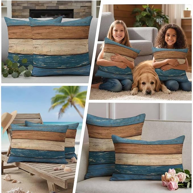 Farmhouse Navy Blue Brown Outdoor Waterproof Pillow Covers, Vintage Wooden Striped Decorative Square Throw Pillowcase Sofa Cushion Sham for Patio/Couch/Chair, 24"x24" 2 Pack