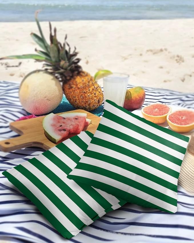 Outdoor Waterproof Pillow Covers for Patio Furniture Merry Christmas Decorative Throw Pillow Cover Green And White Stripes Pillowcases Set of 2 Cushion Case for Sofa Couch Chair Home Decor 20 x 20 In
