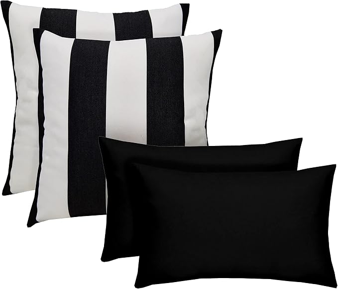 RSH DECOR Set of 4 Square and Lumbar Accent Pillows | Indoor/Outdoor All Weather Polyester Fabric | Reversible | 17" x 17" & 20" x 12" | Black & White Stripe + Black