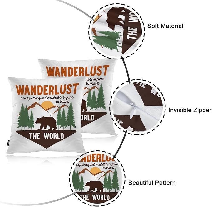 Swono Bear Cozy Pillowcase Cushion Cover, Forest Adventure Bear Wanderlust Sign Decorative Throw Pillows Covers Outdoor Pillow Case for Home Office Dorm Sofa Picnic Car 18" X 18", 2 Pack