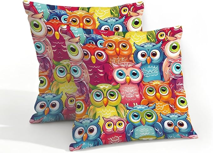 18x18 Inch Outdoor Pillow Covers Set of 2 Waterproof Throw Pillow Covers Decorative Couch Cushion Covers Colorful Cute Owl Square Pillowcases Protectors for Patio Garden Sofa