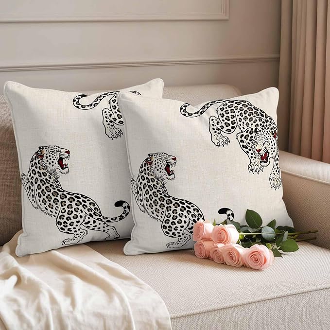 Vandarllin Outdoor Throw Pillows Covers 24x24 inch Set of 2 Waterproof Linen Leopard Decorative Zippered Cushion Covers for Patio Furniture, Bohemian Animal Print Lumbar Pillowcases