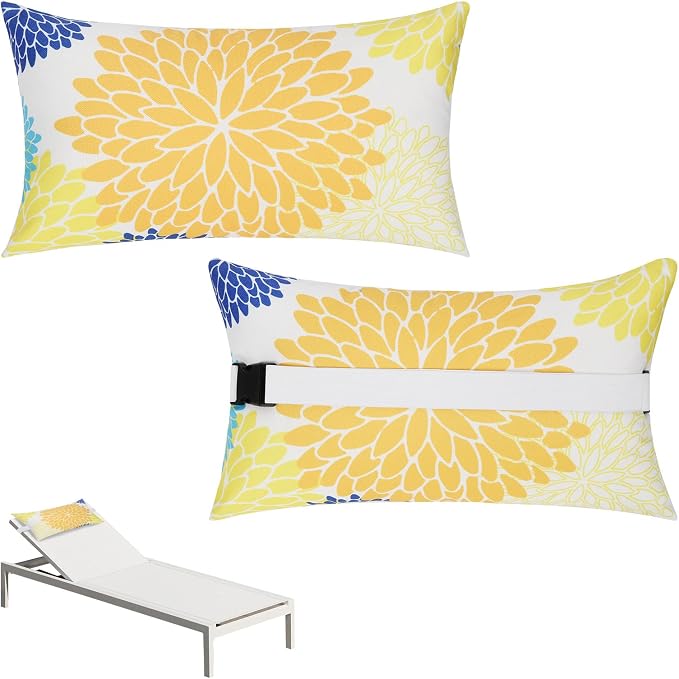 Chaise Head Rest Pillows Set of 2, Waterproof Outdoor Lounge Pillow Lumbar Pillows with Insert Adjustable Elastic Strap Decorative Pillows for Patio Beach Chair,Yellow Blue Flower