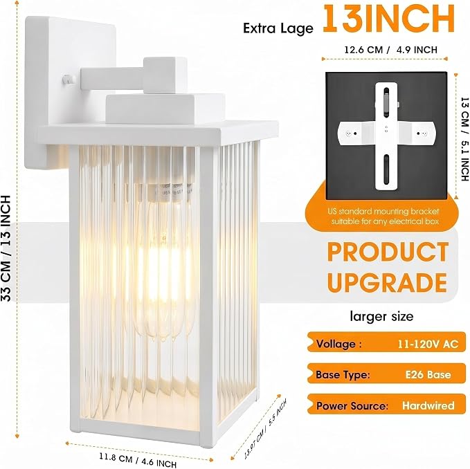 13" White Outdoor Wall Light, All-Metal Frame Porch Light | Textured Glass Softens Glare, Stays Bright. Anti-Yellowing White Metal. Pre-Assembled DIY Install. For Porch, Garage & Entry
