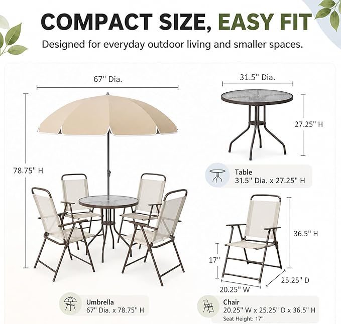 6-Piece Patio Dining Set for 4 with Umbrella, Outdoor Table and Chairs Set with 4 Folding Chairs, Round 31.5" Tempered Glass Table for Garden Backyard Poolside (Beige)