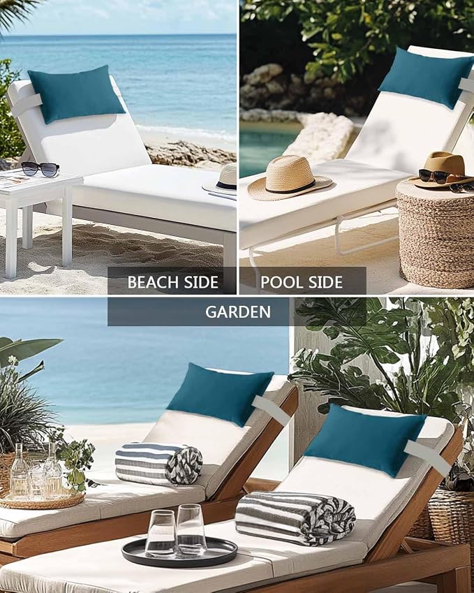 Chaise Lounge Chair Pillow with Strap & Insert Dark Teal Outdoor Recliner Head Pillow Pack of 2 Solid Green Color Waterproof Headrest Patio Lumbar Pillow for Beach Pool Office Chair 12x20 Inch