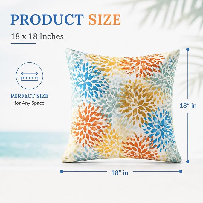 2pcs Outdoor Decor Pillows, Insert and Cover, Waterproof & Fade-Resistant Patio Couch Cushions for Garden, Porch, Poolside Sofa (Fireworks, 18x18in)