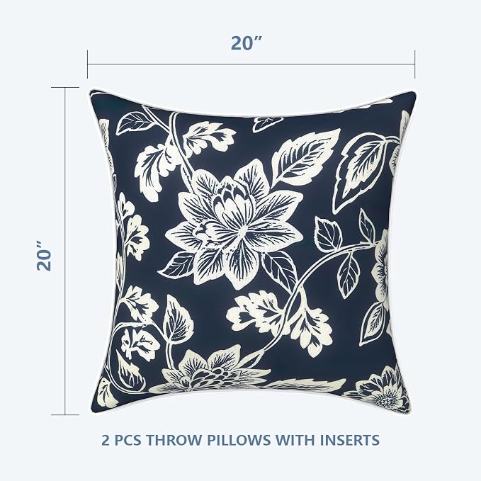 LVTXIII Outdoor/Indoor Throw Pillows, Decorative Patio Accent Pillows, Fluffy Water Repellent Garden Cushions for Home Patio Coach Sofa Use, 20×20 Inch, Pack of 2, Elegant Vines Navy