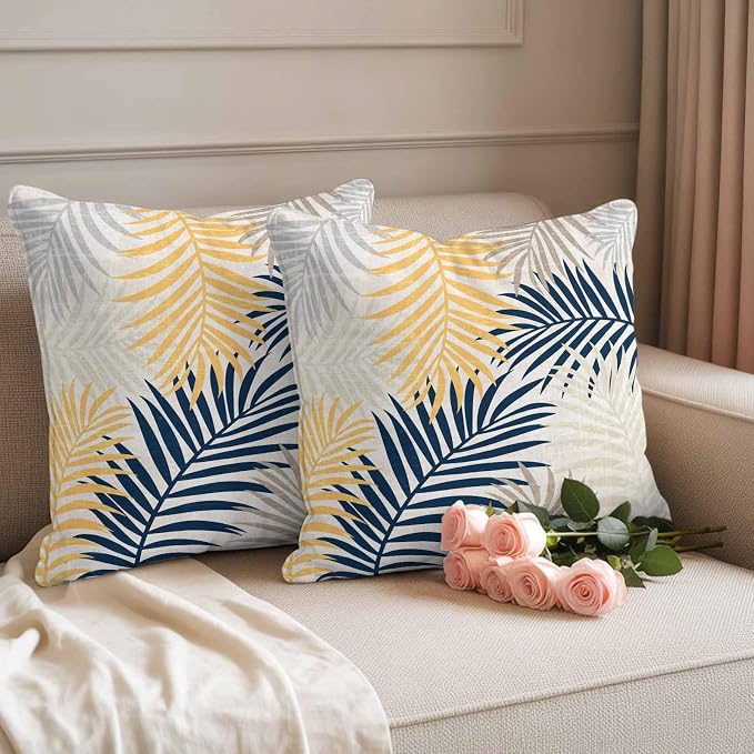 Outdoor Waterproof Throw Pillow Covers, Blue Yellow Palm Leaves Decorative Pillow Cases, Summer Botanical Tropical Leaf Couch Pillow Protector Patio Sofa Cushion Covers Replacement 18"x18" 2 Pack
