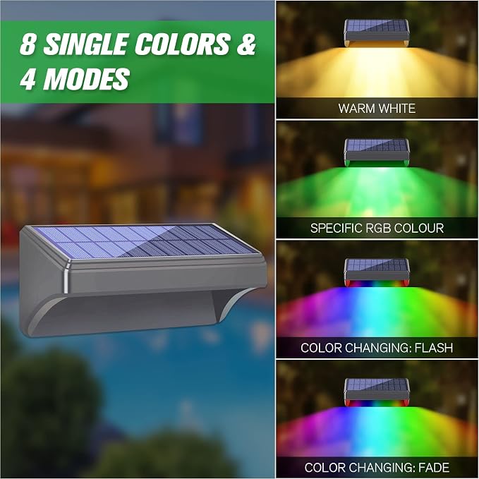 Bridika Solar Fence Lights, Fence Lights Fence Solar Lights Outdoor Waterproof Warm White & Color Glow LED Solar Lights for Backyard, Patio, Deck Railing, Stair Handrail and Wall (4 Packs, Plus Size)